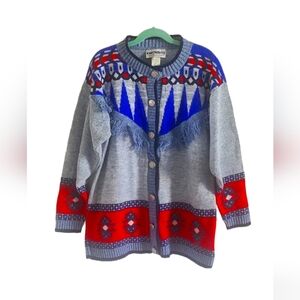 Vintage KnitWaves Fair Isle Sweater Cardigan Southwest Print Large Blue Red
